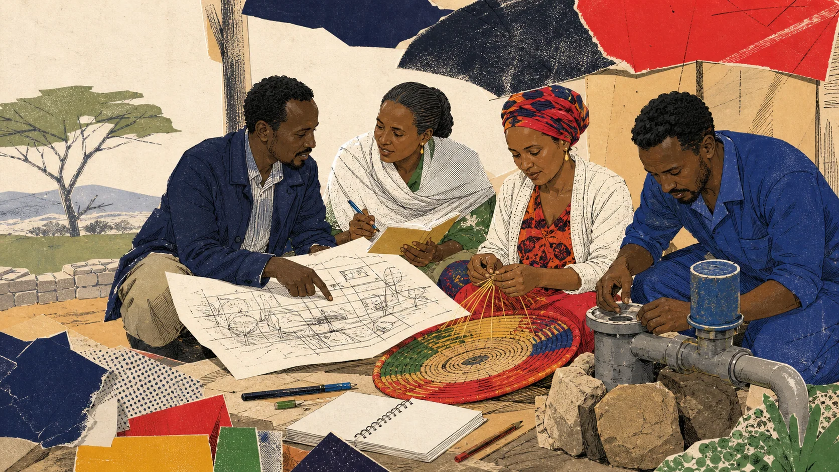 Editorial illustration of Ethiopian community members planning water, learning and livelihoods work together